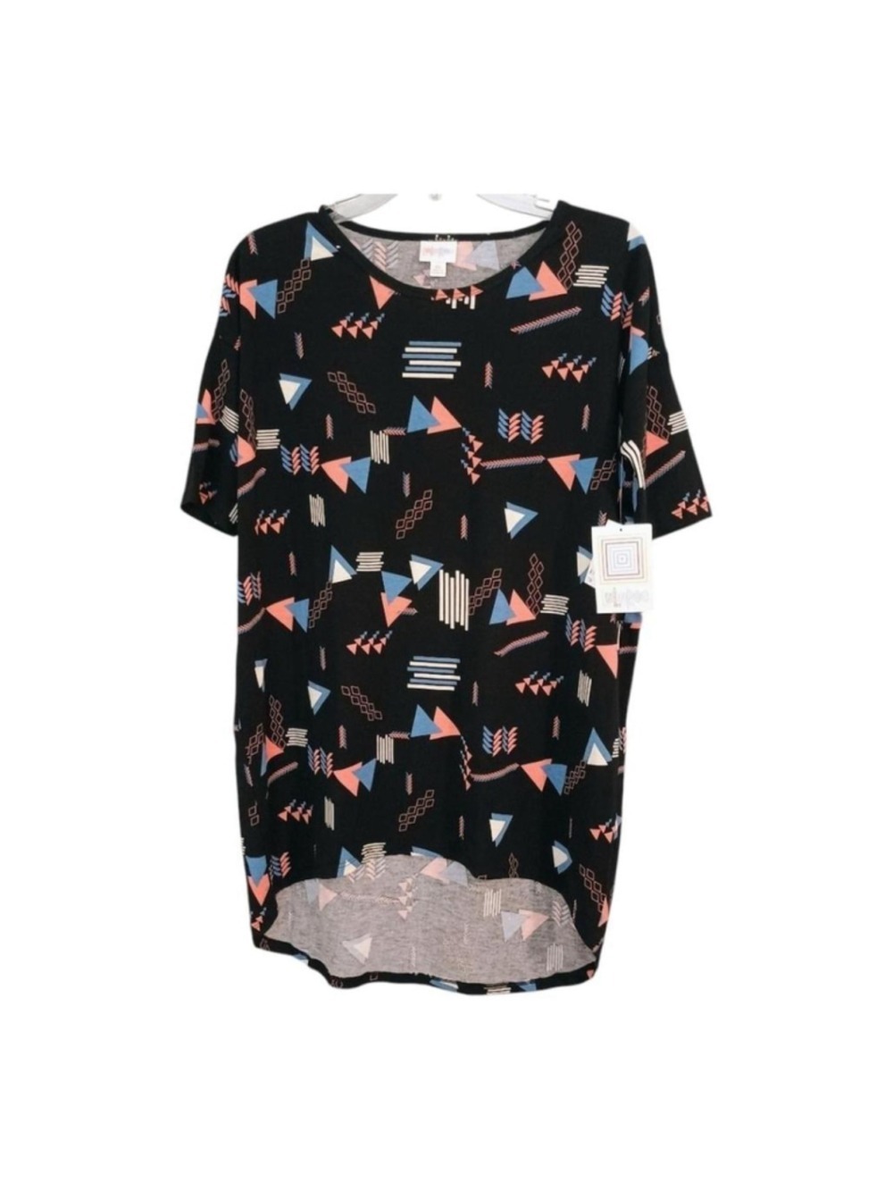 NWT LuLaroe Irma Tunic Black Coral Blue Geometric Design Oversized XS